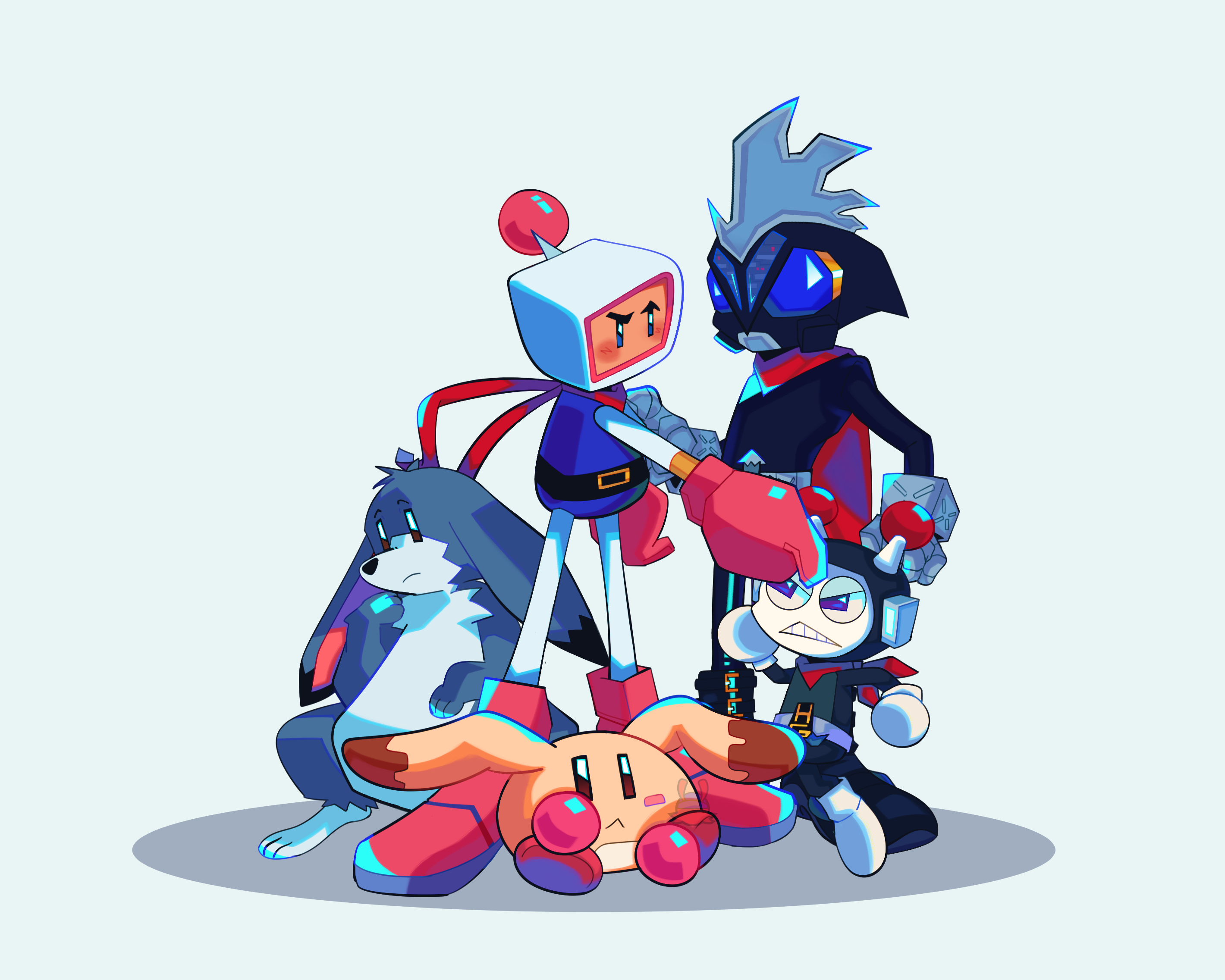 Group shot of Bomberman characters White Bomber, Max, HigeHige Bandit, Pommy, and Rui all posed in reference to Sonic Adventure 2 Promotional Artwork